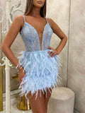 2025 autumn and winter new  Popular trade  short feather dress sexy women's banquet evening dress
