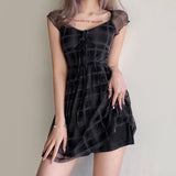 2025 style popular summer new women's clothing sexy Spice Girl slim-fit plaid strappy square neck A-shaped dress