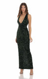 popular 2025 New sequins temperament commuting solid color high waist V-neck temperament dark green velvet banquet dress evening dress