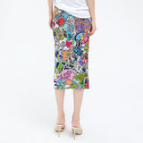 Miyake graffiti print skirt long skirt new women's clothing spring Japanese slim-fit split-ended hip-wrapped A-shaped skirt