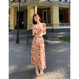 2025 Summer vacation wind small flying sleeves slim floral dress summer  retro high waist dress medium and long