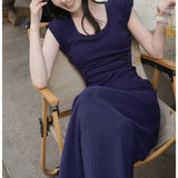 2025 Solid color simple figure high elasticity thin dress summer temperament waist sexy design long skirt