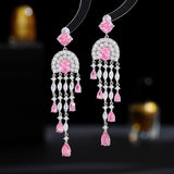 2025 Exaggerated atmospheric long water drop fringed earrings inlaid zircon light luxury high-end banquet dress wedding dress bridal earrings