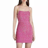 2025 Popularan beautiful women's shiny velvet bead sequins low round neck tight dress short pom-pom dress