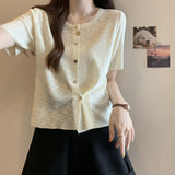 2025 large size women's clothing, summer Korean version of loose round neck solid color versatile single-breasted knitted short-sleeved cardigan top