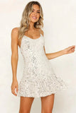 2025 New  popular women's clothing white short skirt backless sexy ruffle edge sequined suspender dress