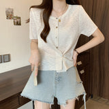 2025 large size women's clothing, summer Korean version of loose round neck solid color versatile single-breasted knitted short-sleeved cardigan top