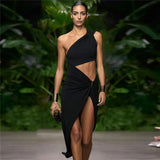 2025 style 2023 summer new women's clothing fashionable and sexy diagonal collar single shoulder hollow solid color waist dress