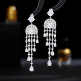2025 Exaggerated atmospheric long water drop fringed earrings inlaid zircon light luxury high-end banquet dress wedding dress bridal earrings
