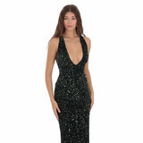 popular 2025 New sequins temperament commuting solid color high waist V-neck temperament dark green velvet banquet dress evening dress