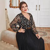 2025 Muslim 2025 large-size dress V-neck black splicing long Middle Eastern Arab hot-selling long dress