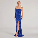 popular New new 2025 sexy one-word collar sequined evening dress elegant split banquet party dress