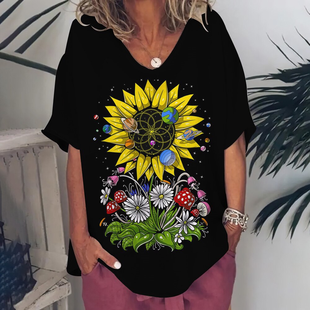 Romildi Summer Short Sleeve T-Shirt Women Sunflower Printed Clothes Harajuku V-Neck Top Fashion Casual Pullover Ladies T Shirts Trendy
