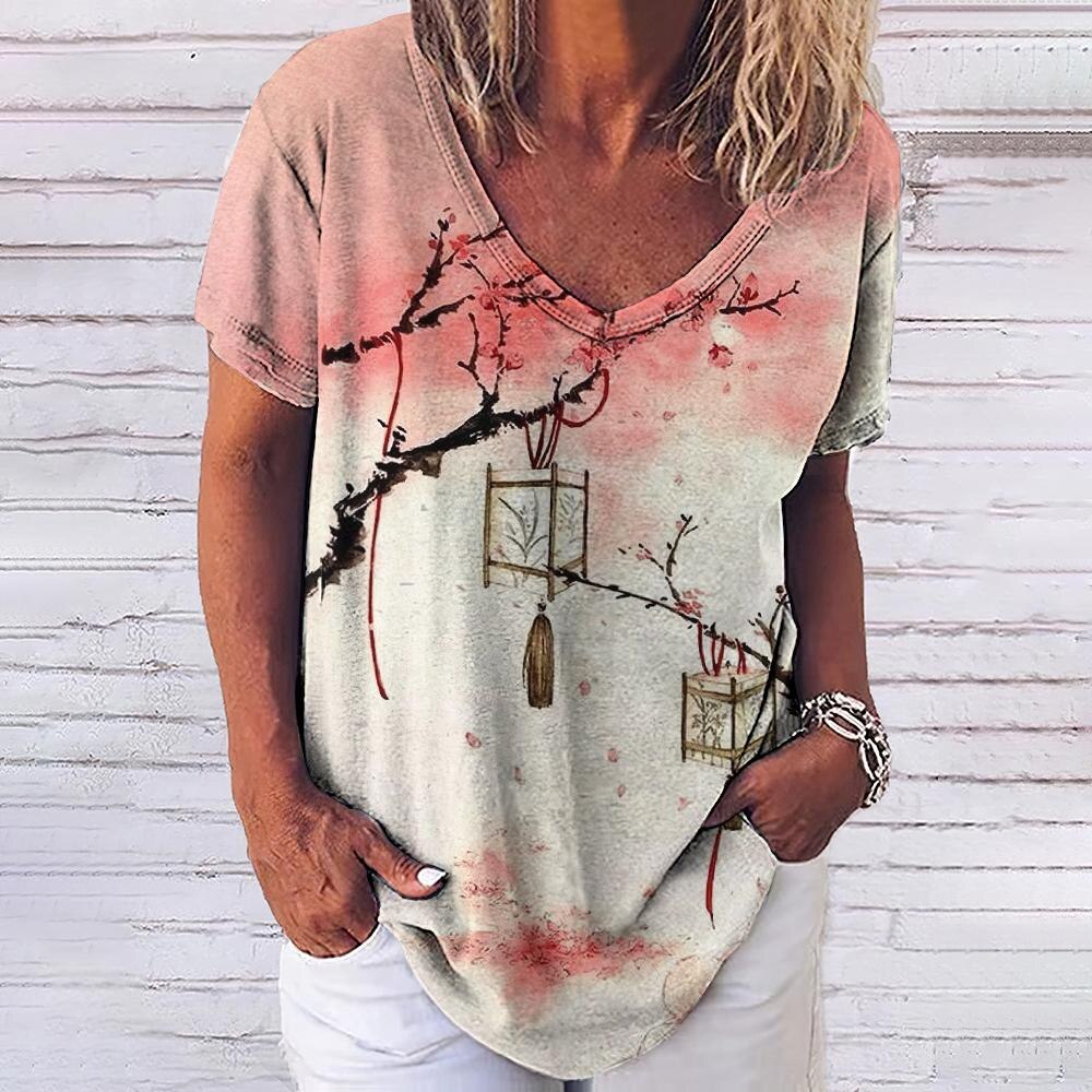Romildi V-Neck Women's T-Shirt Funny Lantern Print Tee Ladies Clothing Loose Casual Vintage Shirt Summer New Top T Shirts for Women 2023