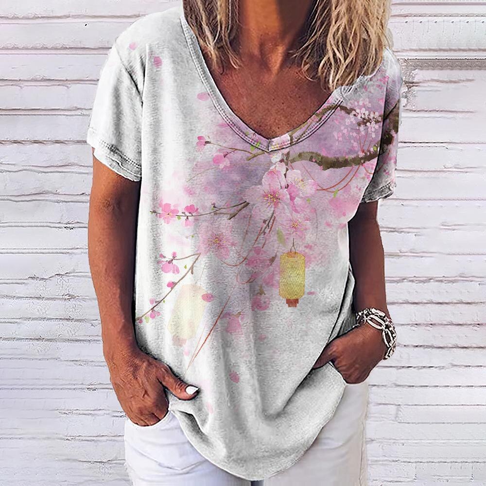 Romildi V-Neck Women's T-Shirt Funny Lantern Print Tee Ladies Clothing Loose Casual Vintage Shirt Summer New Top T Shirts for Women 2023