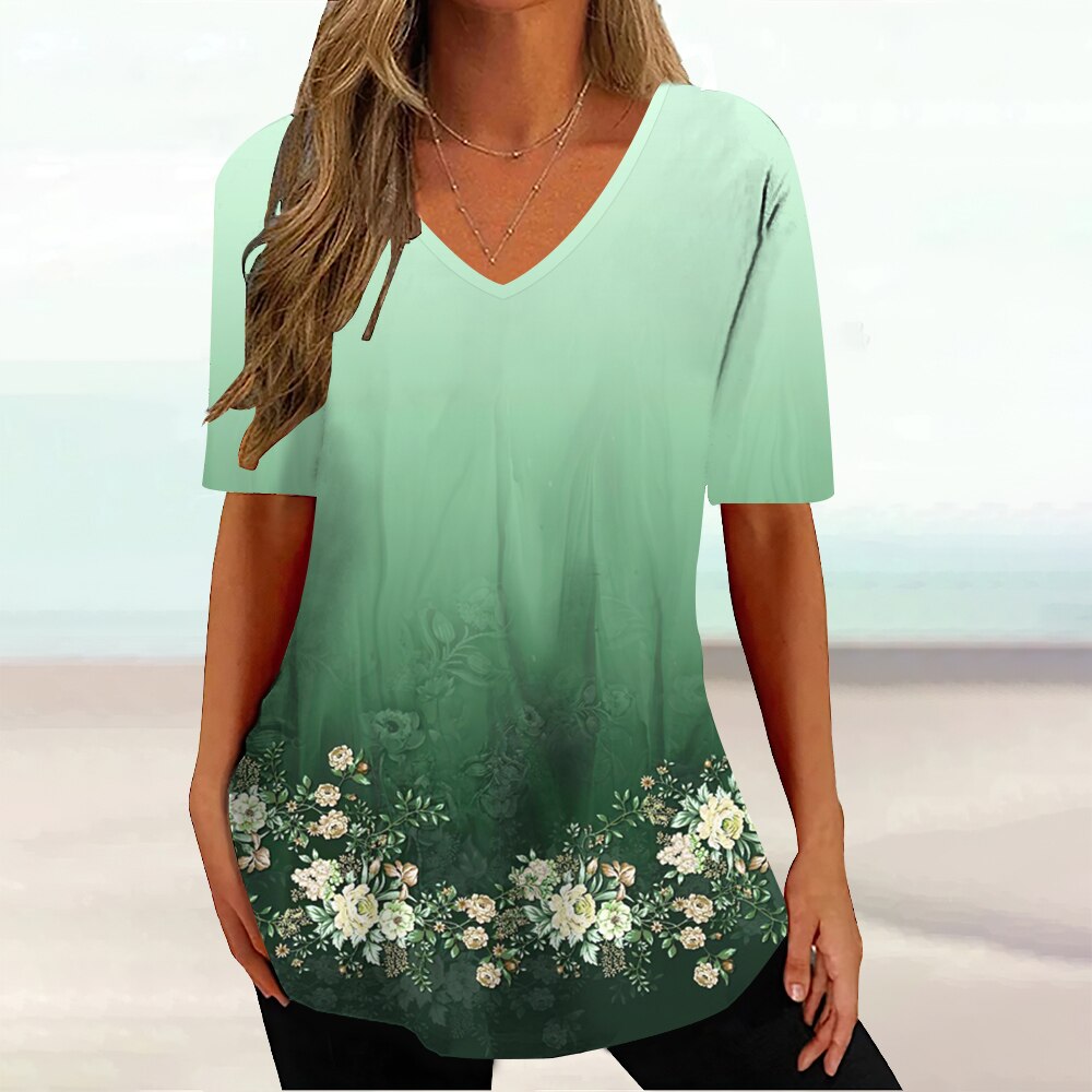 Romildi V-Neck Women's T-Shirt Summer Short Sleeve Pullover T Shirt for Women Casual Beautiful Flower Female Clothing New Tee Shirt 2023