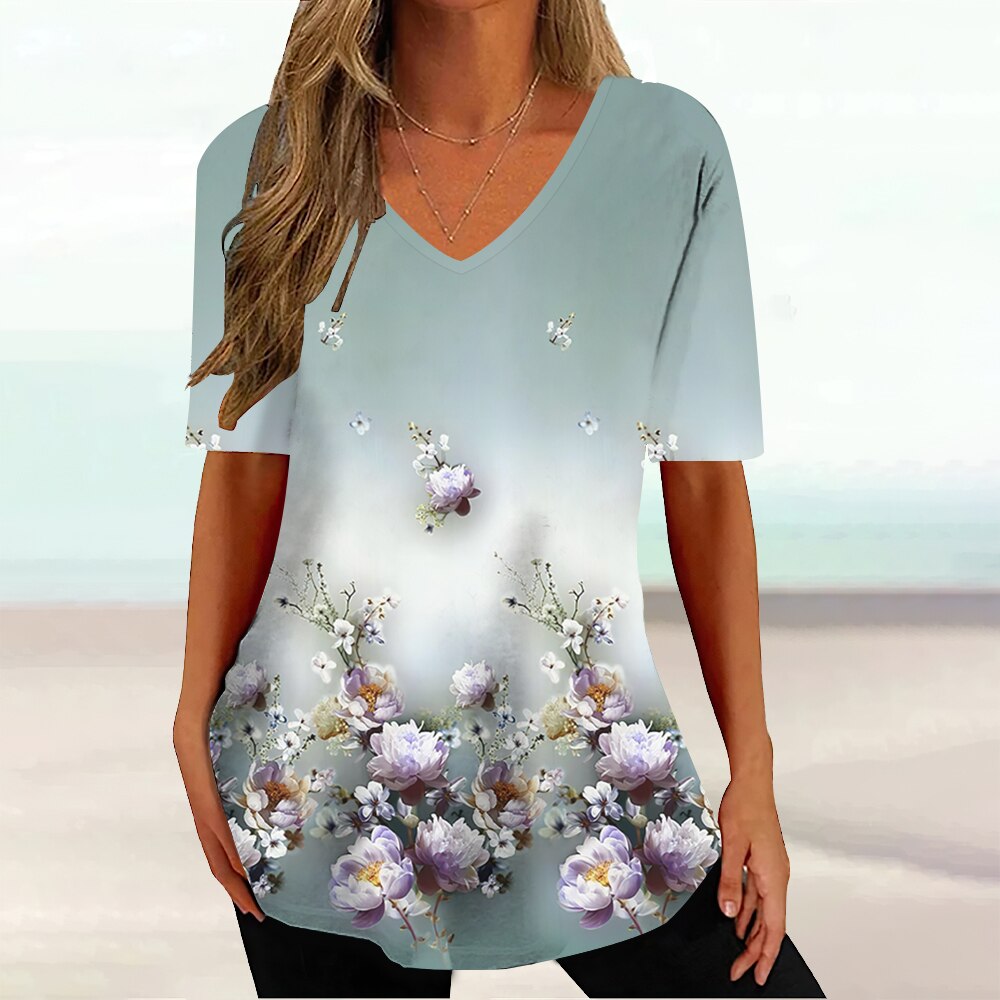 Romildi V-Neck Women's T-Shirt Summer Short Sleeve Pullover T Shirt for Women Casual Beautiful Flower Female Clothing New Tee Shirt 2023