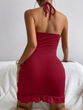 Romildi Ruffle Hem Bodycon Halter Neck Dress, Sexy Backless Halter Dress For Spring & Summer, Women's Clothing
