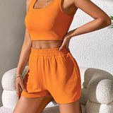 Romildi Tank Top & Shorts Two-piece Set, Ribbed Crop Tank Top & Ribbed Casual Shorts, 2pcs Outfits For Vacation, Every Day, Women's Clothing