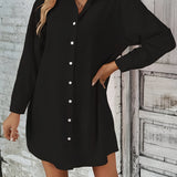 Romildi Button Front Shirt Dress, Casual Solid Long Sleeve Dress, Women's Clothing