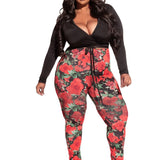 Romildi Romildi Plus Size Deep V Neck Knot Front Crop Top & Floral Print Leggings Set, Women's Plus Slight Stretch Casual 2pcs Set Outfits