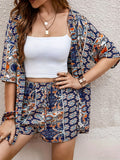 Romildi Plus Size Boho Outfits Two Piece Set, Women's Plus Floral Print Short Sleeve Open Front Cover Up & Drawstring Shorts Outfits 2 Piece Set