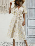 Romildi Flutter Sleeve V Neck Belted Dress, Floral Print Short Sleeve Vacation Casual Dress For Summer & Spring, Women's Clothing