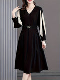 Romildi Color Block V Neck Dress, Casual Long Sleeve Versatile Dress, Women's Clothing