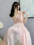 Floral Decor Ruffle Trim Strap Dress, Asymmetric Hem Shirred Dress For Spring & Summer, Women's Clothing