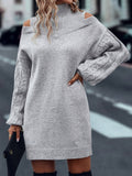 Cut Out High Neck Sweater Dress, Loose Casual Long Sleeve Solid Dress, Women's Clothing