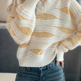 Romildi Striped V Neck Pullover Sweater, Casual Long Sleeve Loose Sweater, Women's Clothing