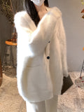 Romildi Solid Button Front Knitted Cardigan, Casual Simple V Neck Long Sleeve Cardigan With Pockets For Fall & Winter, Women's Clothing