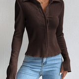 Romildi Textured Button Front Collared Blouse, Casual Long Sleeve Top For Spring & Fall, Women's Clothing