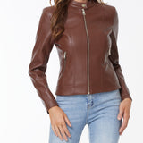 Romildi Solid Faux Leather Zipper Jackets, Casual Long Sleeve Slant Pockets Moto Jacket For Fall & Winter, Women's Clothing