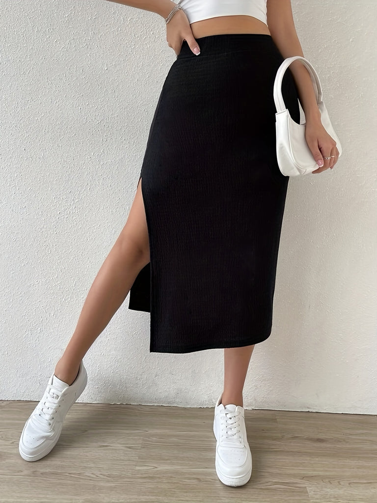 Romildi Romildi Solid Split Skirts, Casual Versatile High Waist Midi Skirts, Women's Clothing