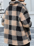 Romildi Plaid Print Patched Pockets Teddy Coat, Versatile Long Sleeve Single Breasted Winter Outwear, Women's Clothing