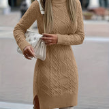 Romildi Solid Turtleneck Split Knitted Dress, Elegant Long Sleeve Dress For Fall & Winter, Women's Clothing