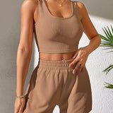 Romildi Tank Top & Shorts Two-piece Set, Ribbed Crop Tank Top & Ribbed Casual Shorts, 2pcs Outfits For Vacation, Every Day, Women's Clothing