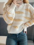 Romildi Striped V Neck Pullover Sweater, Casual Long Sleeve Loose Sweater, Women's Clothing