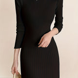 Romildi Mock Neck Ribbed Dress, Casual Solid Long Sleeve Midi Dress, Women's Clothing