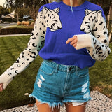 Romildi Contrast Leopard Pattern Crew Neck Knit Top, Casual Long Sleeve Pullover Sweater For Fall & Winter, Women's Clothing