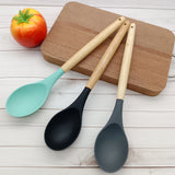 1pc Silicone Spoon with Wooden Handle - Durable, Non-Stick, Heat Resistant, for Cooking & Serving, Ideal for Soup, Salad Mixing, Kitchen Use