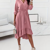 Romildi Ruffle Hem Surplice Neck Dress, Elegant Solid Long Sleeve Midi Dress, Women's Clothing