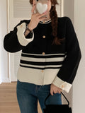 Romildi Striped Pattern Single Breasted Cardigan, Vintage Long Sleeve Knit Outwear For Fall & Winter, Women's Clothing