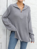 Romildi Long Sleeve Half Zip Sweater, Side Slit Casual Sweater For Winter & Fall, Women's Clothing