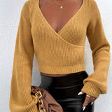 Romildi Solid Surplice Neck Knit Sweater, Casual Long Sleeve Crop Sweater, Women's Clothing