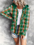 Romildi Romildi Plaid Print Hooded Shirt, Casual Long Sleeve Drawstring Shirt, Women's Clothing