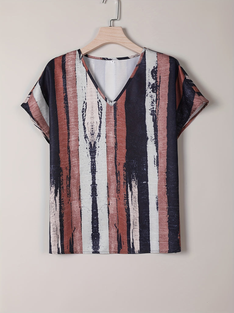 Romildi Random Print V Neck T-Shirt, Casual Every Day Top For Summer & Spring, Women's Clothing