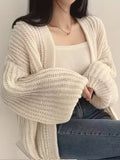 Romildi Solid Open Front Knit Cardigan, Casual Long Sleeve Loose Slouchy Sweater, Women's Clothing