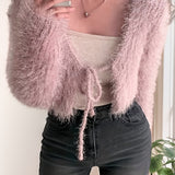 Romildi Solid Tied Front Fluffy Crop Cardigan, Elegant Long Sleeve Chic Sweater, Women's Clothing